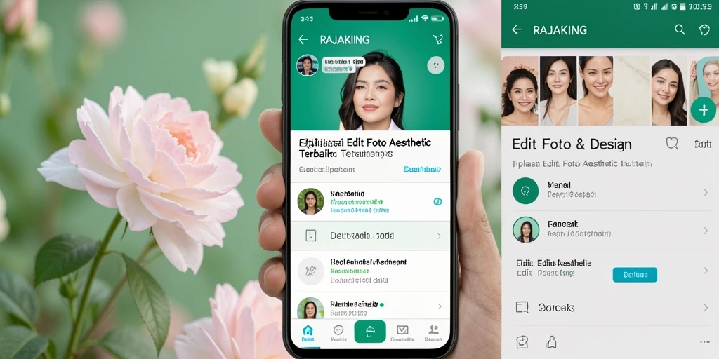 Screenshot RAJAKING menunjukkan antarmuka pengguna yang modern dan fitur editing foto aesthetic.