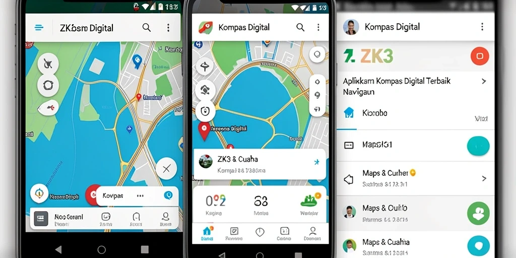 Antarmuka ZK3 menampilkan kompas digital dan peta interaktif untuk navigasi.